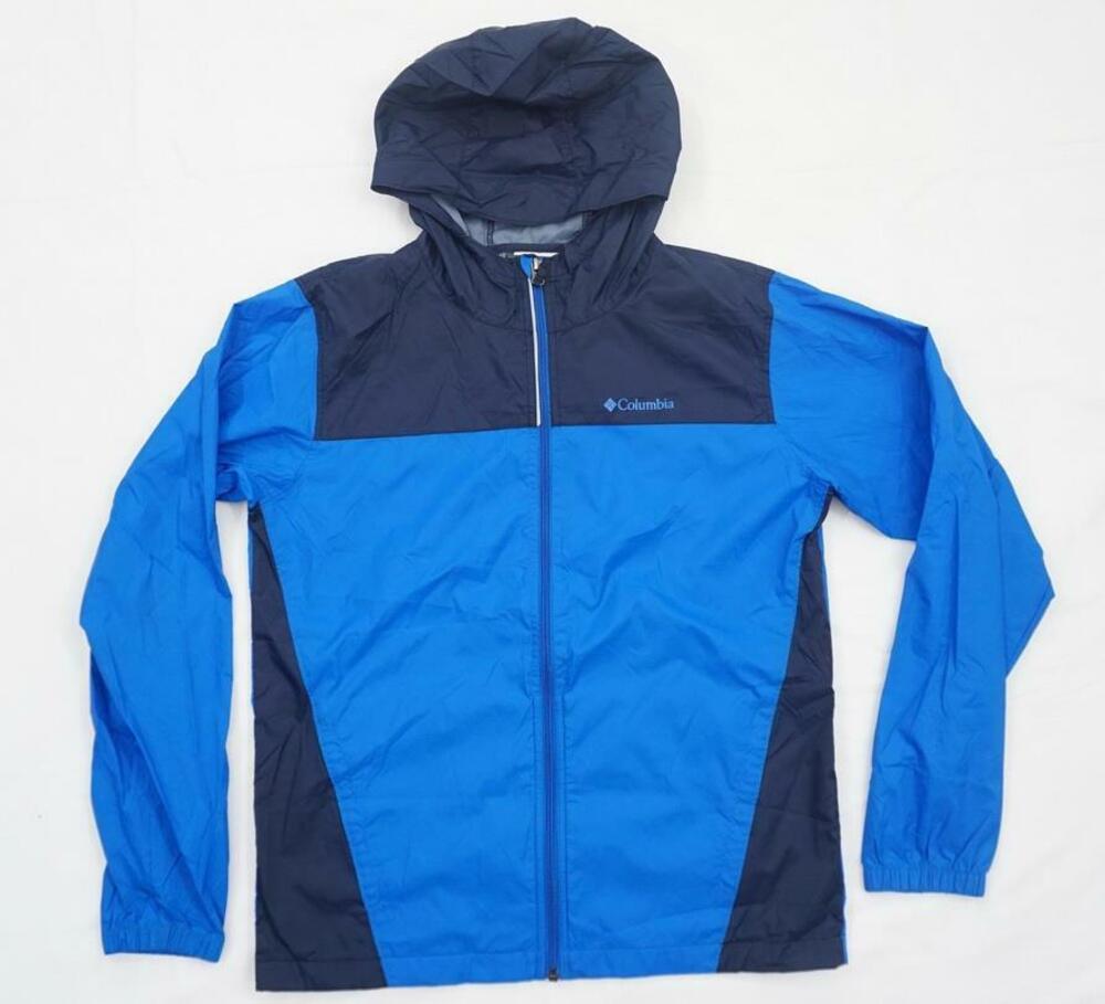 COLUMBIA USED BOYS/YOUTH XL BLUE HOODED WINDBREAKER/RAIN JACKET/HOOD/NO LINING